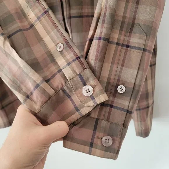 Evan Picone 100% Silk Button Front Plaid Shirt Top 16W Green Pink Long Sleeve Po - Picture 5 of 5